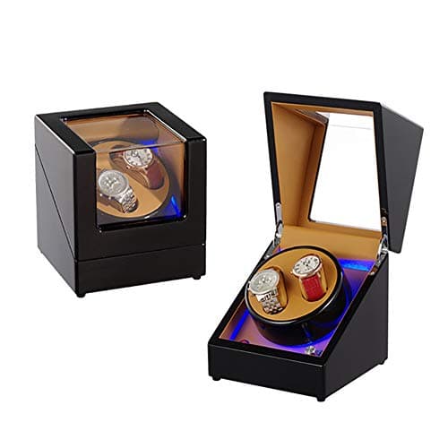 GUOSJ Mute Automatic Double Watch Winder with LED Light, Dual Watch Rotator Watch Storage Box Black and Brown