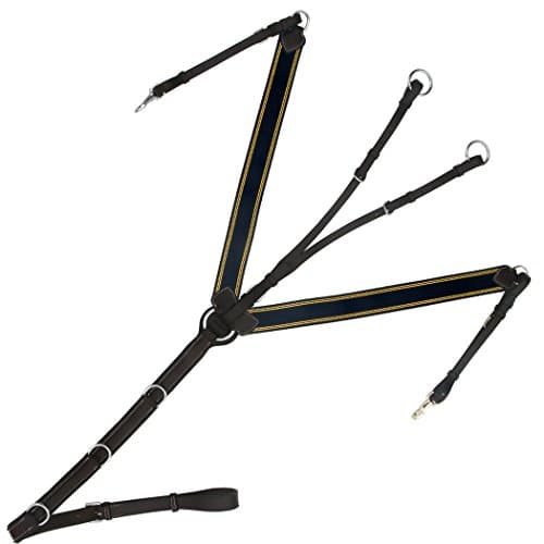 Exion Padded Heart Shape Elastic Breast Plate with D-Rings and Stainless Steel Buckles | Navy Blue Elastic with Yellow Lines | English Horse Riding Equestrian Premium Tack |