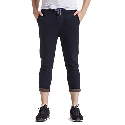 Indigo alpha Men's Elastic Jogger Relaxed Fit Cuff Jean Drawstring Waist for Summer,Black,2XL