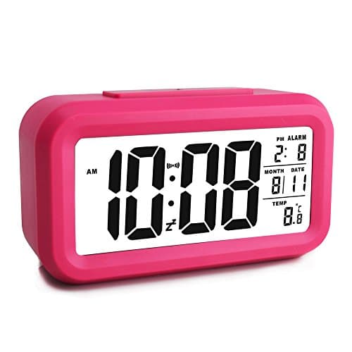Ewtto Smart Digital Desktop Large LCD Display Alarm Clock with Calendar Temperature Snooze Backlight 4.6'' Display (Red, 4.6inches)