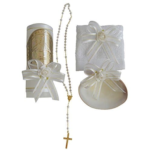 Grahmart Handmade Catholic Baptism Kit including Rosary, Towel, Candle and Shell Kit De Bautizo Religious Gift