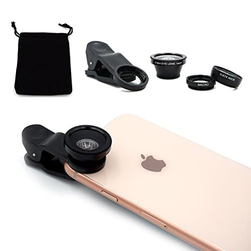 DUCHY 3 in 1 Cell Phone Camera Lens Kit Universal 180 Degree Fish Eye Lens + Wide Angle + Macro + Clip for iPhone 4/4S/5/5C/5S/5SE/6/6S/6S Plus, Samsung Galaxy S3/S4 (Black) PA001