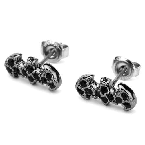 DC Comics Batman Symbol Stainless Steel with Black Gems Stud Earrings