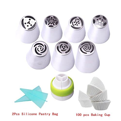 Mehome Russian Piping Tips 18-Pcs Set (7 Russian Tips 2 Silicone Pastry Bags 1 Tri-Color Coupler 100 paper Baking Cup )