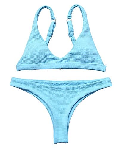 BOLLORY Women's Strap Bathing Suit 2pcs Bikini Set Padded Top Brazilian Bottom Swimsuit Blue Large