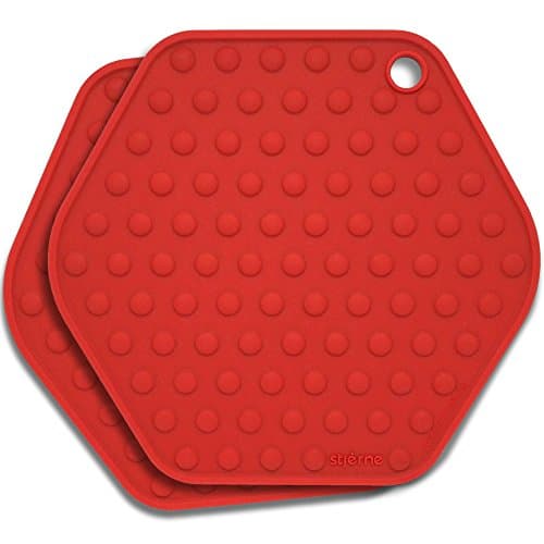 Stjerne Set of 2 Multipurpose Large Silicone Trivets, Mat, Multiple Spoon Rest, Jar Opener, Pot Holder, Coaster, 5-in-1, Heavy Duty & Flexible (Cherry)
