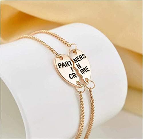 CARDEON 2 Split Heart Simple Handcuff Chain Bracelet Partners in Crime Best Friends Bracelet
