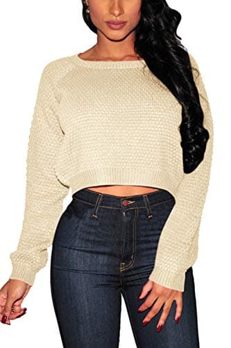 Fixmatti Women Pullover Long Sleeve Cropped Knit Sweaters Tops