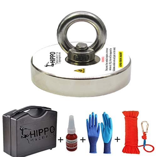 COMPLETE FISHING MAGNET SET - 1500 LBS Pull Force Round Neodymium Magnet, 5” Diameter With Rope & Carabiner, Gloves, Threadlocker, Case By Hippo Magnets