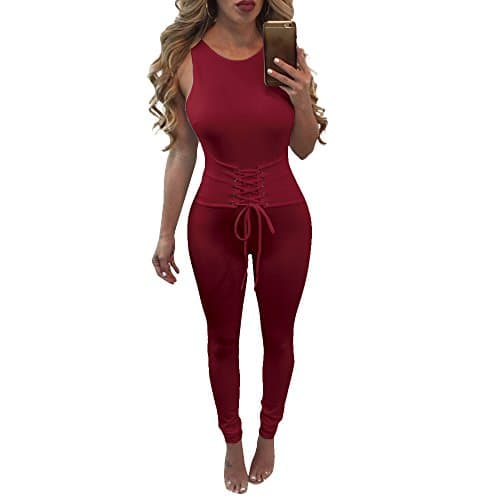 Ageena Womens Sleeveless Drawstring Cross Back Long Pants Jumpsuit Romper (X-large, Bundury)