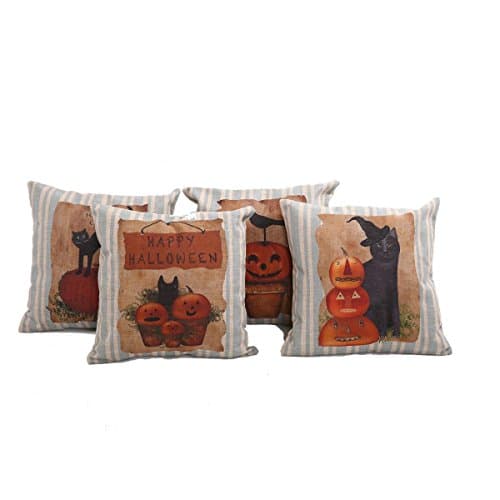 Mega TPC Home Decor Cotton Linen Square 4Pcs Pillowcase Set of 4 Happy Halloween Pumpkin Throw Pillow Sham Cushion Cover 18" x 18"