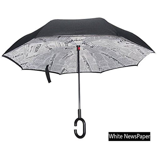 Inverted Umbrella, Layer Self-Standing Handsfree Windproof Reverse Folding Umbrella (White NewsPaper)