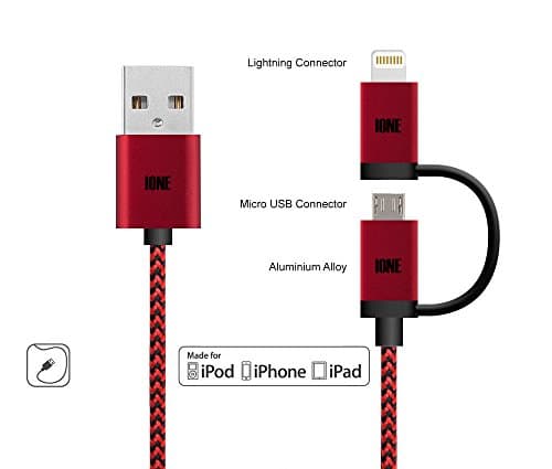 IONE 2-in-1 Android MicroUSB/Apple ISO Lightning 8 Pin with USB/MicroUSB OTG Braided Charging Data Cable Turn Your Phone into Power Bank for Apple IOS & Android Device, Red/Black