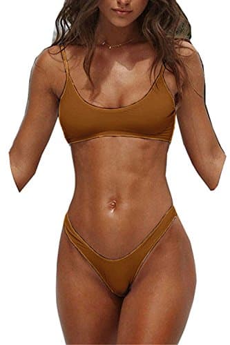 MACVISE Womens Bikini Set Sexy Thong Soft Padded Two Piece Swimsuits(Large,Coffee)