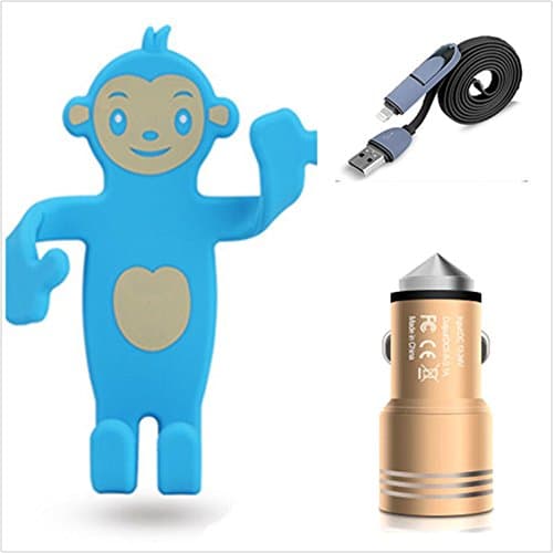 JINGRAN Super 3 In 1-Silicone Bendable Car Air Vent Phone Holder And 2 USB Ports Safety Hammer Car Charger And Lightning-Micro Connectors Cellphone Cable (Blue Monkey)