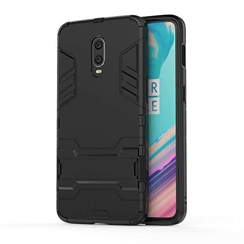 Compatible with OnePlus 6T Case, Ultra Slim Armor Shockproof Silicone TPU + Hard PC Plastic Impact Resistant Hybrid Cover KickStand Protective Anti-Scratch Case Cover - Black