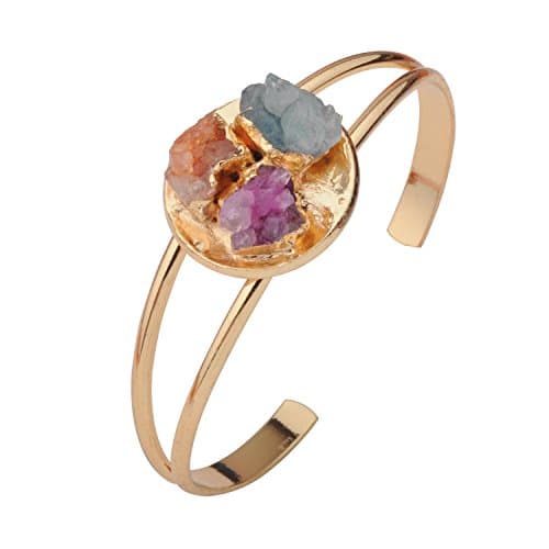 Joyagift Any combination Different 3 Color Natural Gemstone Crystal Cluster Gold Copper Cuff Bracelet