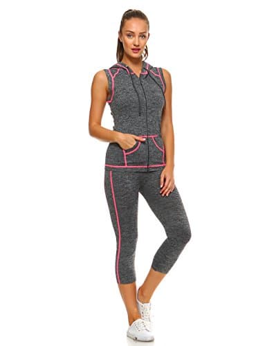 Missfit Junior’s Active Performance Yoga Capris & Sleeveless Hoodie Jacket Tracksuit (L-XL, Pink)