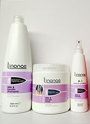 Linange Milk & Keratin Set Shampoo 33.8 Oz, Milk & Keratin Mask 33.8 Oz and A-1 Leave-in Conditioner Milk $ Keratin Spray 8.45 Oz