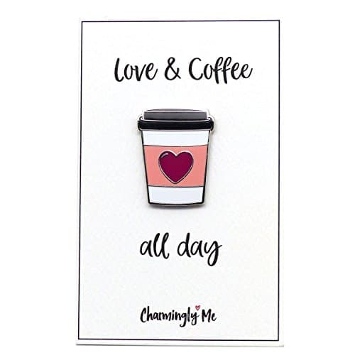 Love & Coffee - All Day Romantic Gift - Coffee Cup with Heart Enamel Pin on Greeting Card