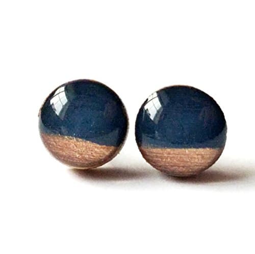 Hand painted metallic rose copper and navy blue wood stud earrings 8mm
