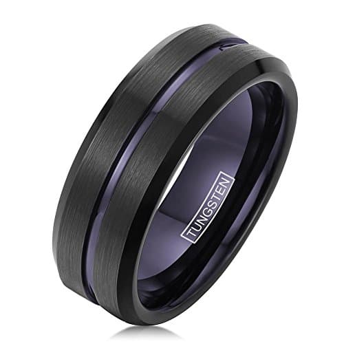 Black Tungsten Ring with Deep Purple Stripe & Inner Band Beveled Edges Men's Size 9-13 (10)