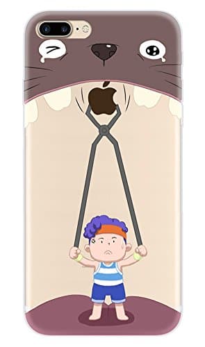 iPhone 7 Plus Case Clear with Design, Buyus Soft Thin TPU Rubber Silicone Back Protective Cover Bumper with Cute Creative Pattern (Boy Pulling Cat's Teeth - Wine Red)