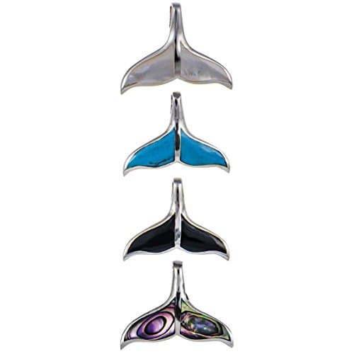 .925 Sterling Silver Simulated Dolphin-Whale Tail Turquoise/ Abalone/ Black Onyx/ Mother of Pearl Pendant with 18in Chain (Mother of Pearl)