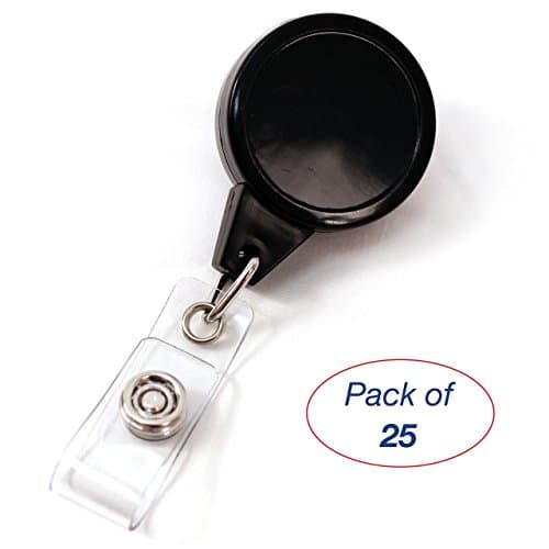 Retractable ID Holder, black plastic with Swivel Alligator Grip-Clip on back. For ID Badge or Access Card. No-Twist design. Pack of 25