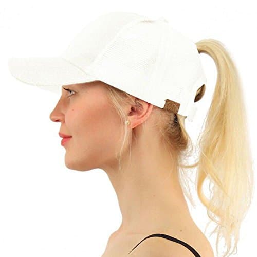 ISHOWStore Summer Visor Cap Glitter Ponytail Mesh Trucker Baseball Cap Back with Adjustable Ponytail Holder (White)