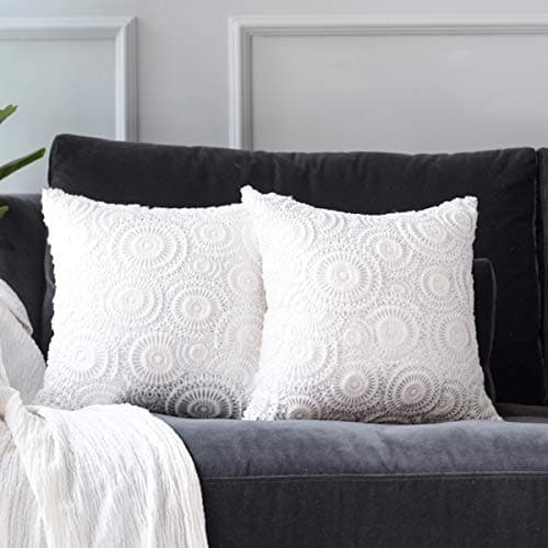 Throw Pillows Covers 18 x 18,Set of 2 White Fur with Silver Printed Flower Soft Throw Pillows for Couch Bed,Accent Home Decorative Square Cushions Cases Shams Pillowcases Farmhouse,45 x 45 cm