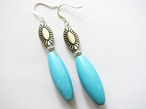 Long Turquoise Blue Dangle Gemstone Drop Earrings Silver-Tone Beads Semi Precious Stone Jewelry