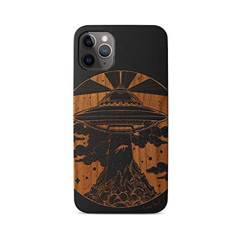 CaseYard Wood Phone case for iPhone 11 Pro Max Laser Engraved Alien Spaceship Design Black Wood Compatible iPhone case Protective Shockproof Slim fit Cell Phone Cover for Men & Women