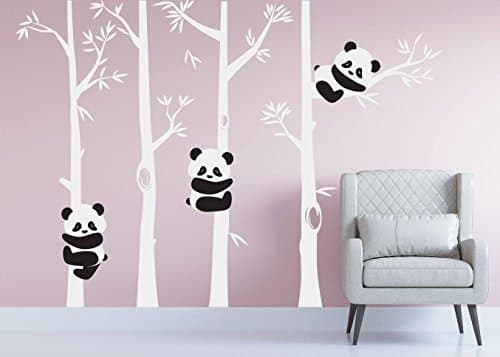 SLobyy Wall Decals Nursery Panda Bear Bamboo Tree Wall Nursery Decal Art Forest Kids Room White Birch Stickers Custom