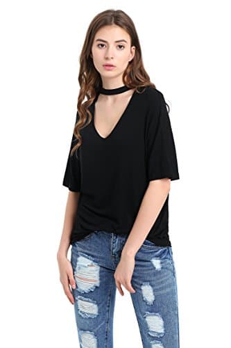 Sushi Kong Women's Solid Short Sleeve Choker Shirt Black L