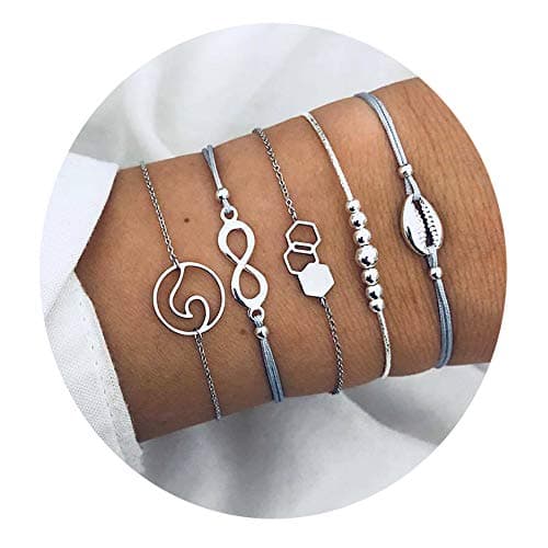 5pcs/Set Boho Wave Shell Lucky 8 Letter Bracelet Women Silver Beads Hexagon Geometric Molecule Bangle
