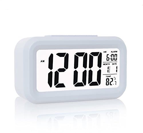 Alarm Clock, UNEGO LCD Alarm Clock Slim Digital Clock Large Display Alarm Clock Battery Operated Calendar Travel Clock for Office Home (Soft Back-Light,Snooze Function,Temperature Display)-White