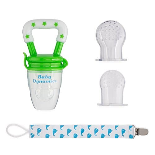 Baby Dynamics - Infant Feeder Pacifier Set (1 Pacifier, 1 Safety Clip, 3 Nipple Sizes - Small, Medium, Large), Green/White