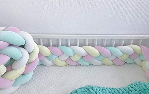 Braid Crib Bumper Soft Plush Knot Infant Cradle Bumper Pads,(4 Strands,Widening) Pillow Cushion Cradle Decor(157 Inch/4M, Yellow+Green+Gray+Purple)