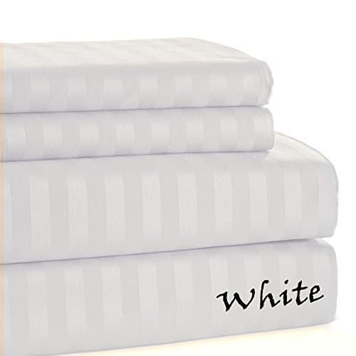 KM Linen Majestic 4-PCs 500 Thread Count Soft Craftman Ship Sheet Set - Egyptian Cotton - All Size With Extra Large Pocket 25" Deep, Stripe Pattern All Color (King, Whte)