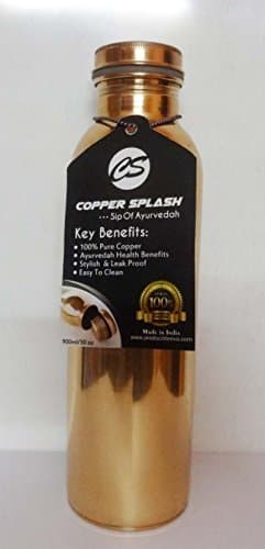Copper Splash!! Pure COPPER Water Bottle, Joint free and Leak Proof water bottle with Ayurvedic health benefits and holds 900ml / 30Oz. Comes with deep threaded lid by CopperSplash