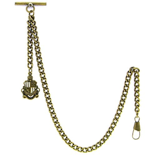 Albert Chain Pocket Watch Curb Link Chain Antique Brass Plating Shield Fob T Bar AC10