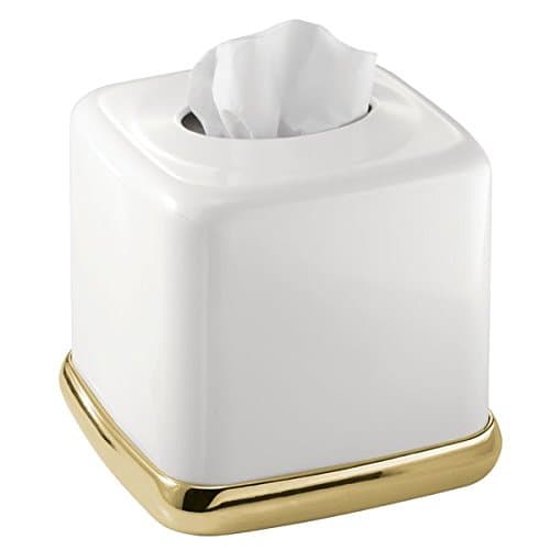 mDesign Tissue Box Holder - Square - Tissue Box Cover for The Bathroom - Premium Metal - Car Tissue Box - Modern and Minimalist Design - White with Gold Accents