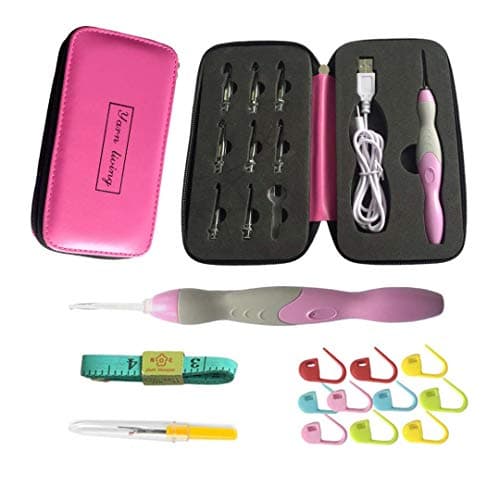 LED Crochet Hooks-9 Size Interchangeable Heads 2.5mm to 6.5mm Ergonomic Grip Handles,LED Rechargeable Crochet Hook Set with Case(Pink)