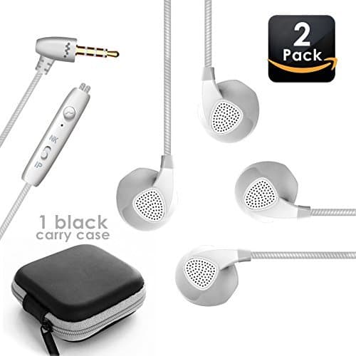 2 x Top Tier Wired Earbuds: 3.5 MM Aux Powered Noise Cancelling Headset for Cell Phones, MP3, Gym , or Business Travel. Great Sound Quality with Call Answering, Microphone and Volume Control! (White)