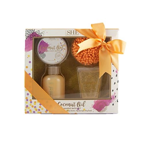 OM She Aromatherapy Coconut Oil Pamper Set - Includes Shower Gel, Body Souffle, Body and EVA Sponge - Vegan Friendly - Paraben Free – Sulfate Free – Cruelty Free – Made in Australia