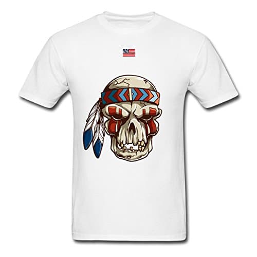 Native American Big Chief Skull With US Flag Feather Graphic Men's Unisex T-shirt 064 (White, X-Large)
