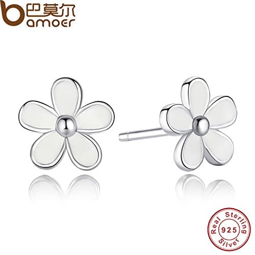 GemMart Jewelry 925 Sterling Silver Darling Daisy Stud Earring White Enamel With Clear CZ Compatible with Jewelry Special Store