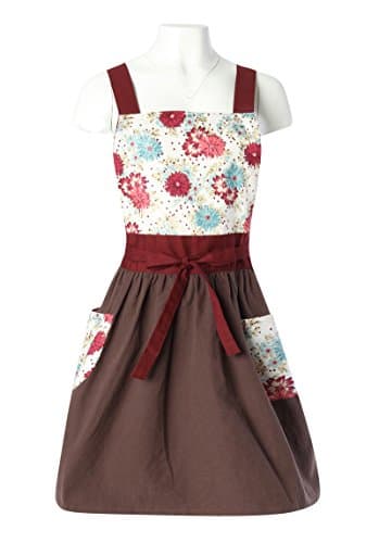 Home Bene 100% Cotton White Rose, Cute X-back Kitchen Apron for women, Cooking Apron Floral Pattern, Waist Ties, Two side Pockets, Cooking, Baking, Barbecuing, Gardening, Brown