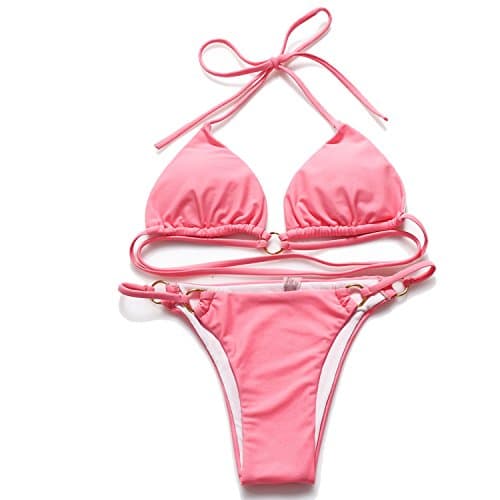 HERKINI Women's Tie Side Bottom Push Up Padded Top Triangle Bikini Bathing Suit (S, Hot pink)